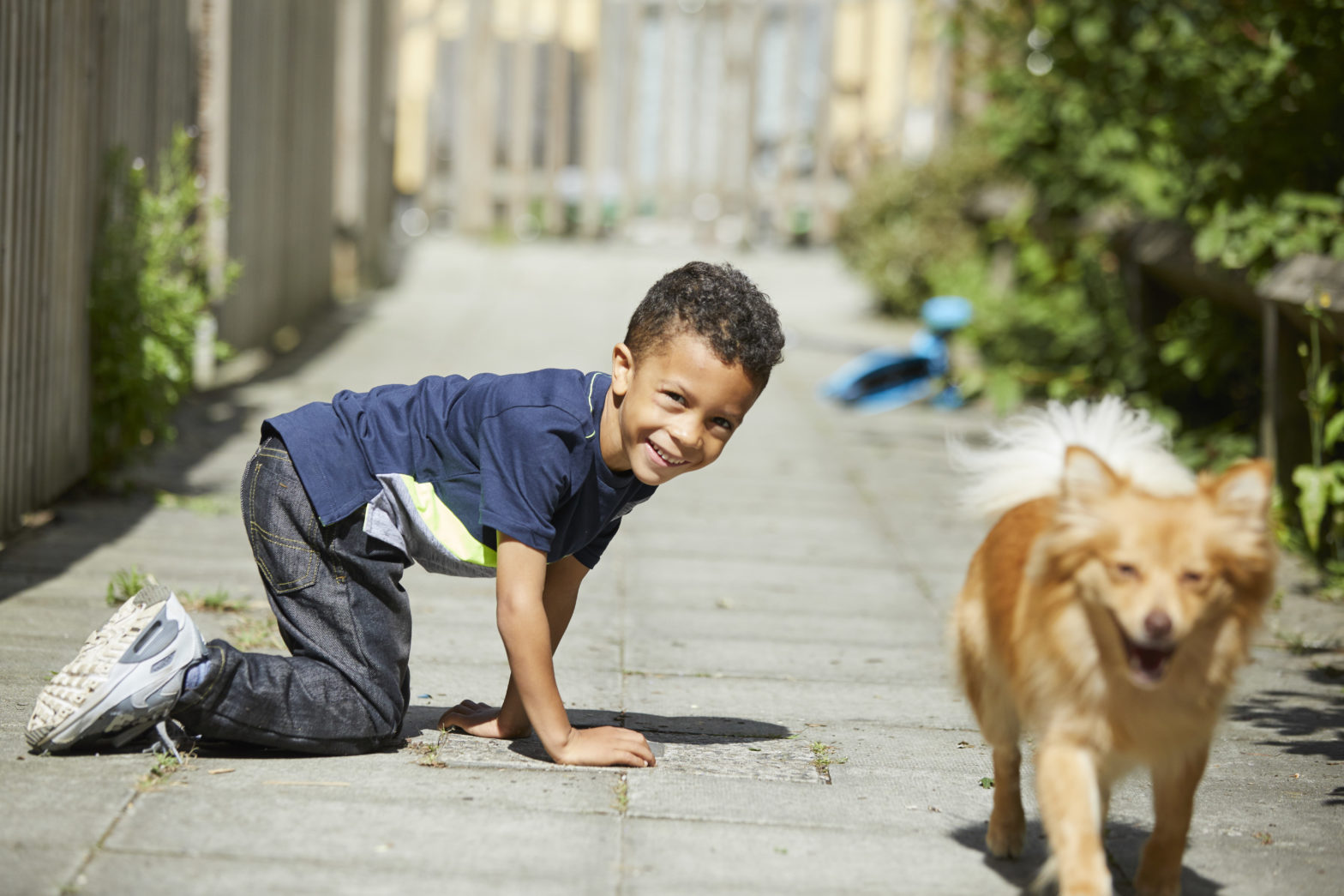 Child playing with pet dog